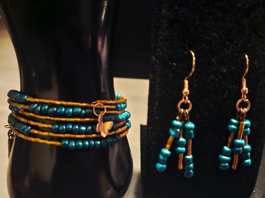 Vibrant Teal & Gold Beaded Wrap Bracelet + Earrings Set