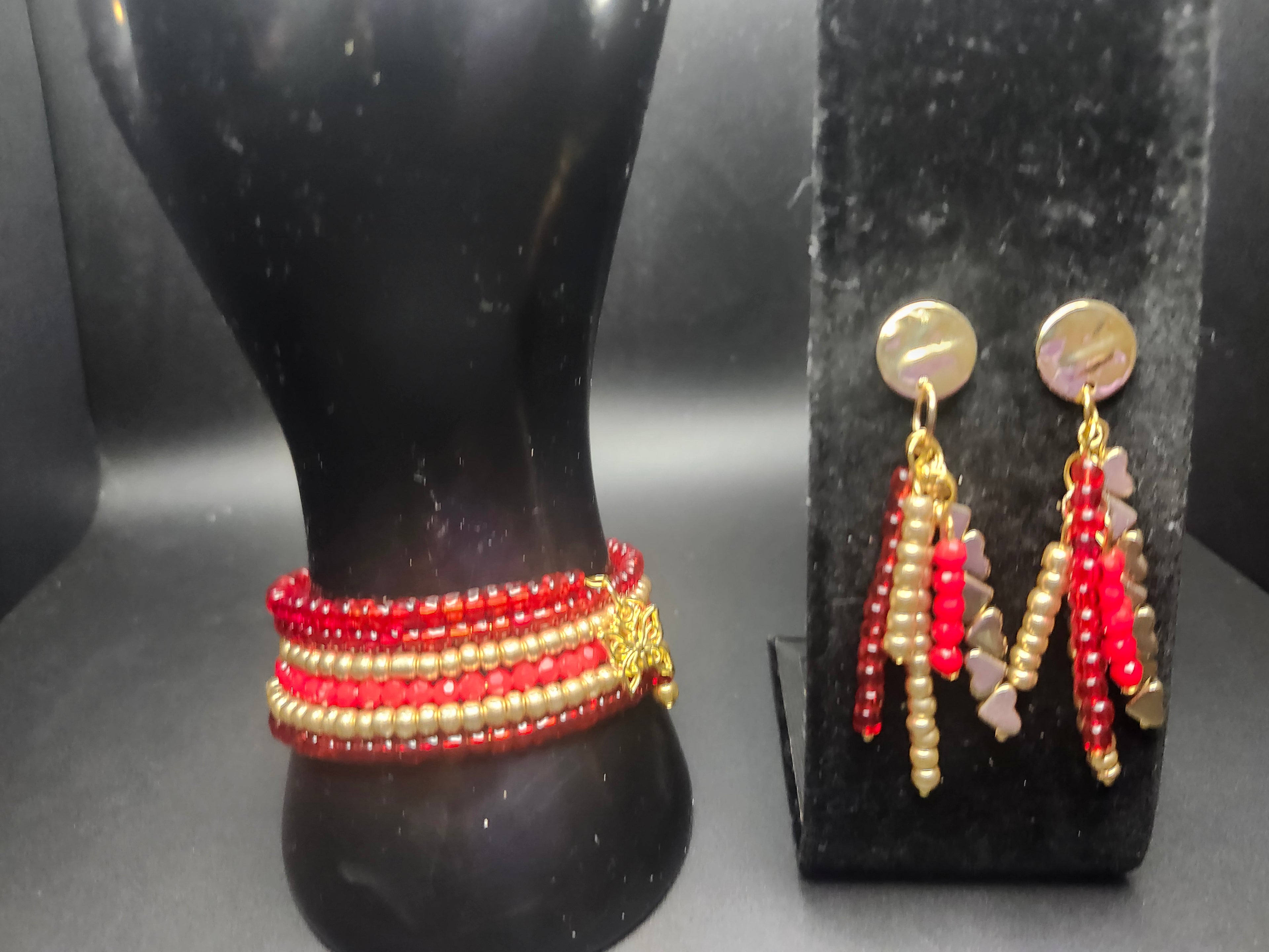 Command the Room – Red & Gold Wrap Bracelet & Earring Set -  - $35