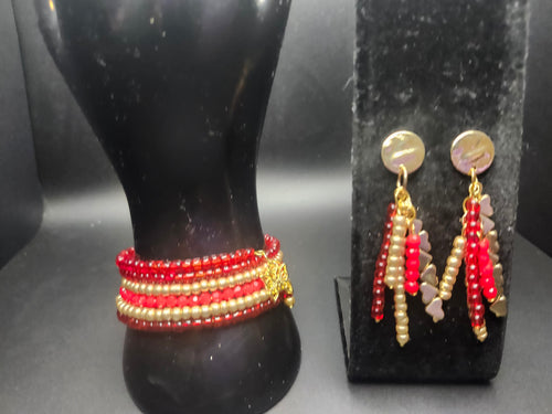 Command the Room – Red & Gold Wrap Bracelet & Earring Set -  - $35