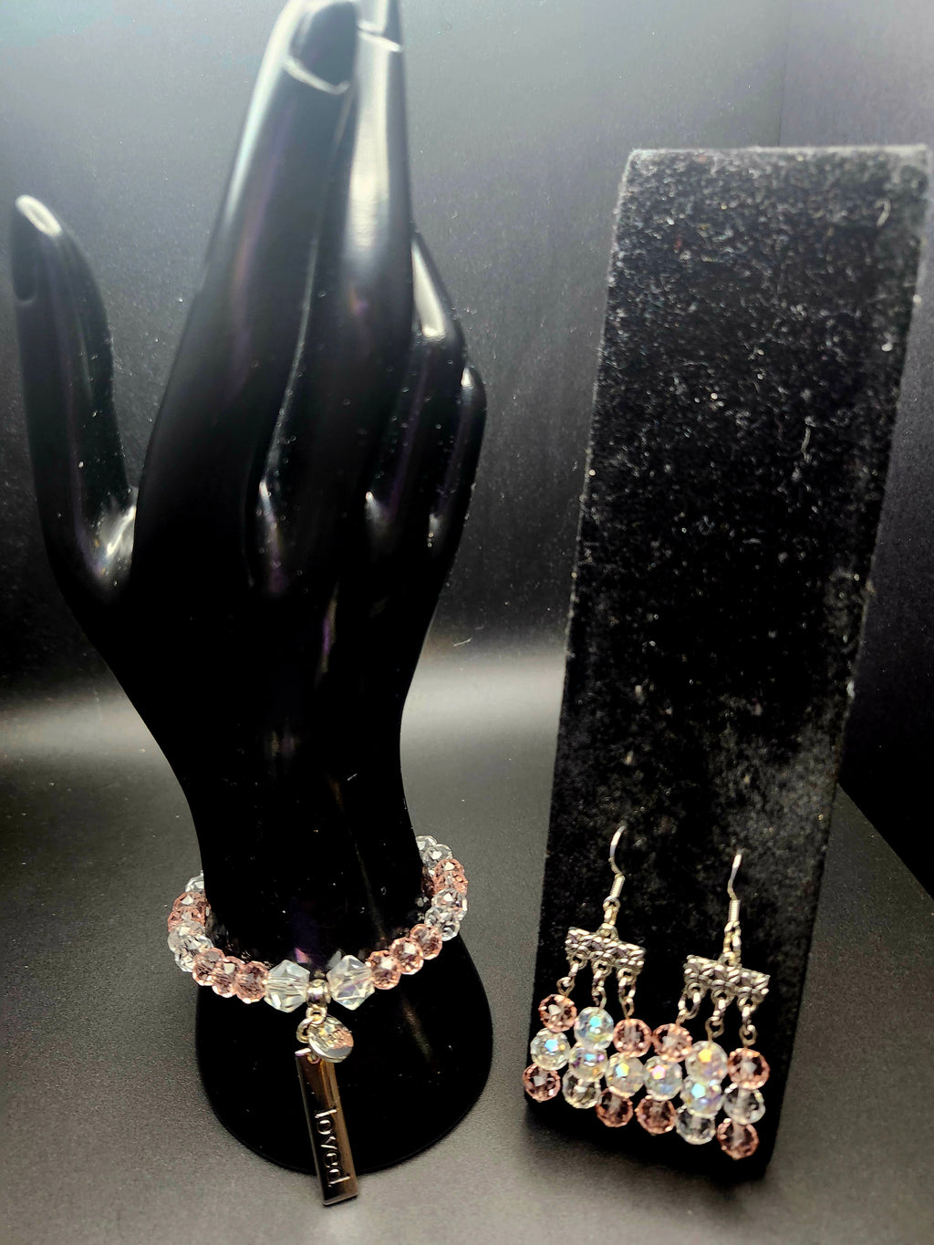 I Am Loved –Blush Pink Crystal Affirmation Bracelet & Chandelier Earring Set