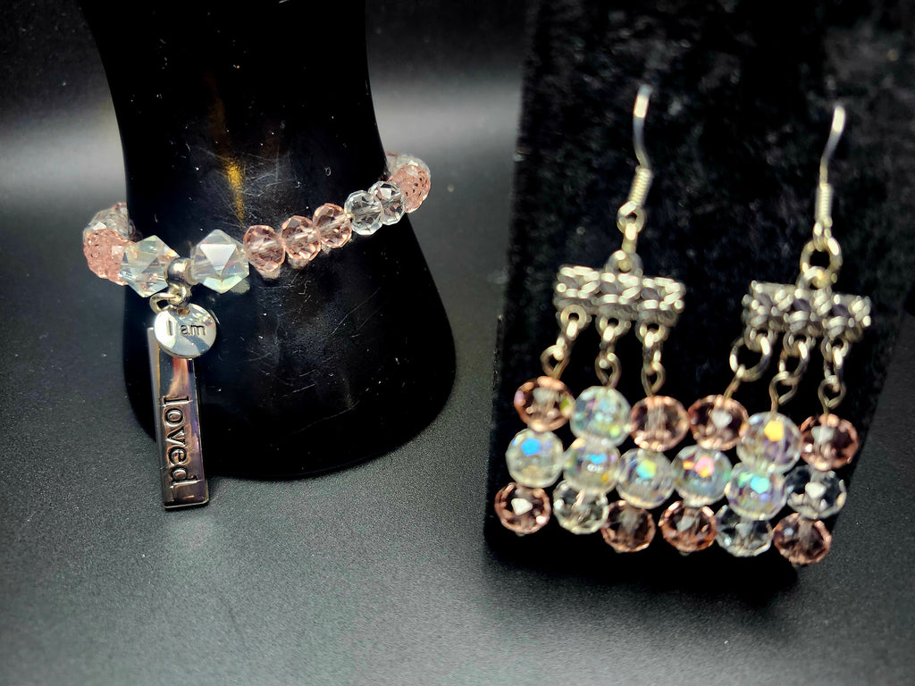 I Am Loved –Blush Pink Crystal Affirmation Bracelet & Chandelier Earring Set