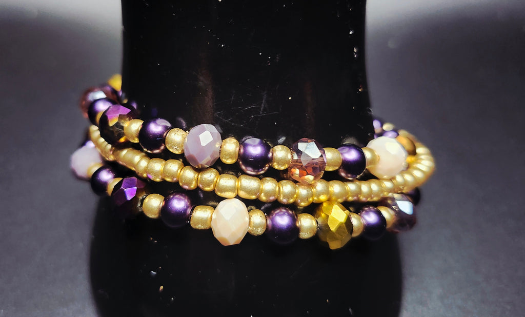 Royal Radiance – Purple & Gold Beaded Bracelet & Earring Set - -