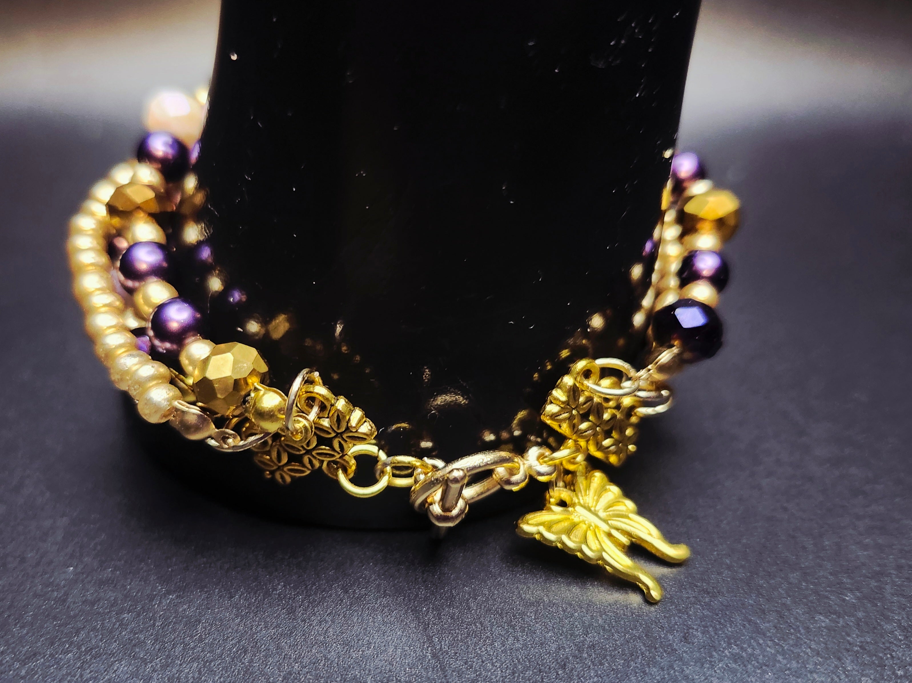 Royal Radiance – Purple & Gold Beaded Bracelet & Earring Set - -