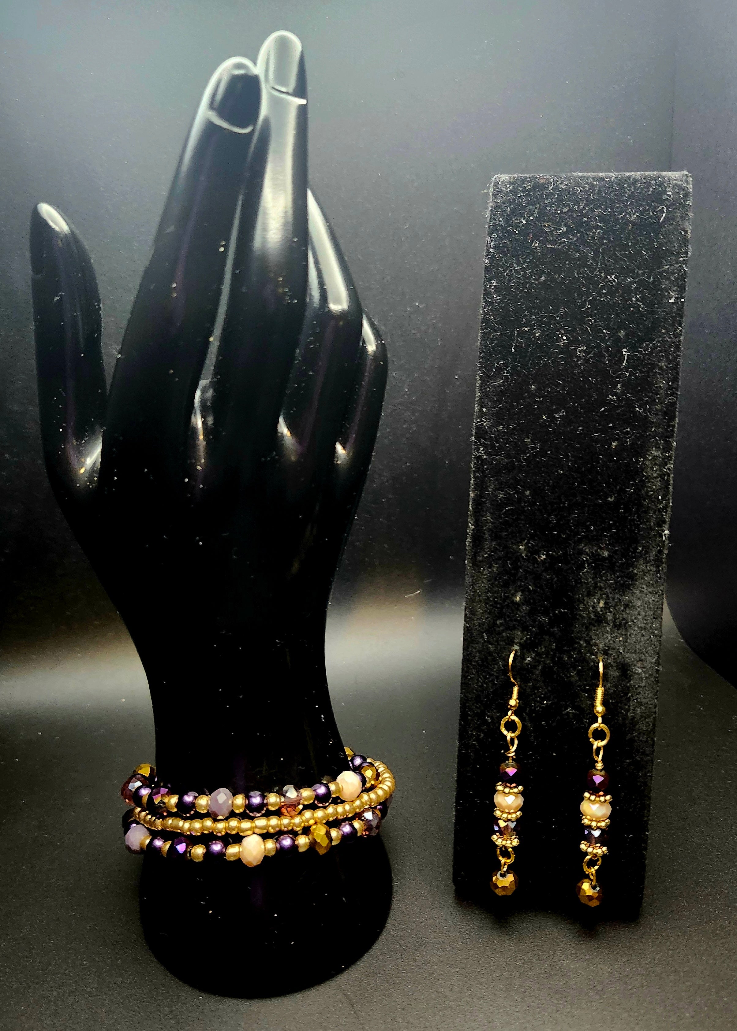 Royal Radiance – Purple & Gold Beaded Bracelet & Earring Set - -