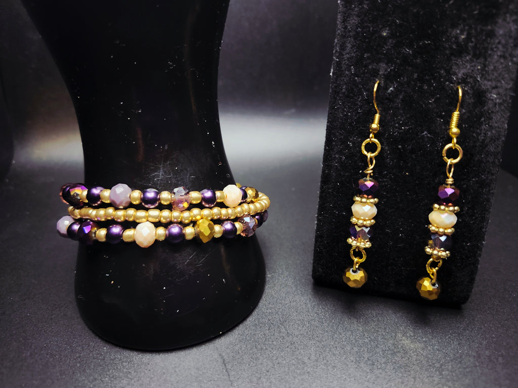 Royal Radiance – Purple & Gold Beaded Bracelet & Earring Set - -