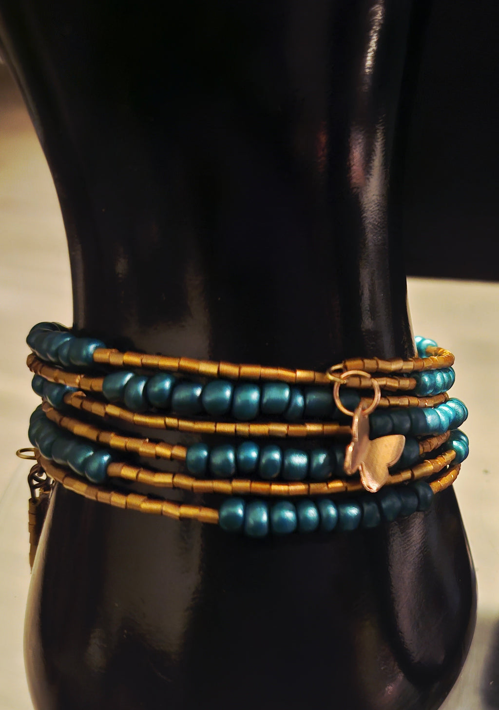 Vibrant Teal & Gold Beaded Wrap Bracelet + Earrings Set