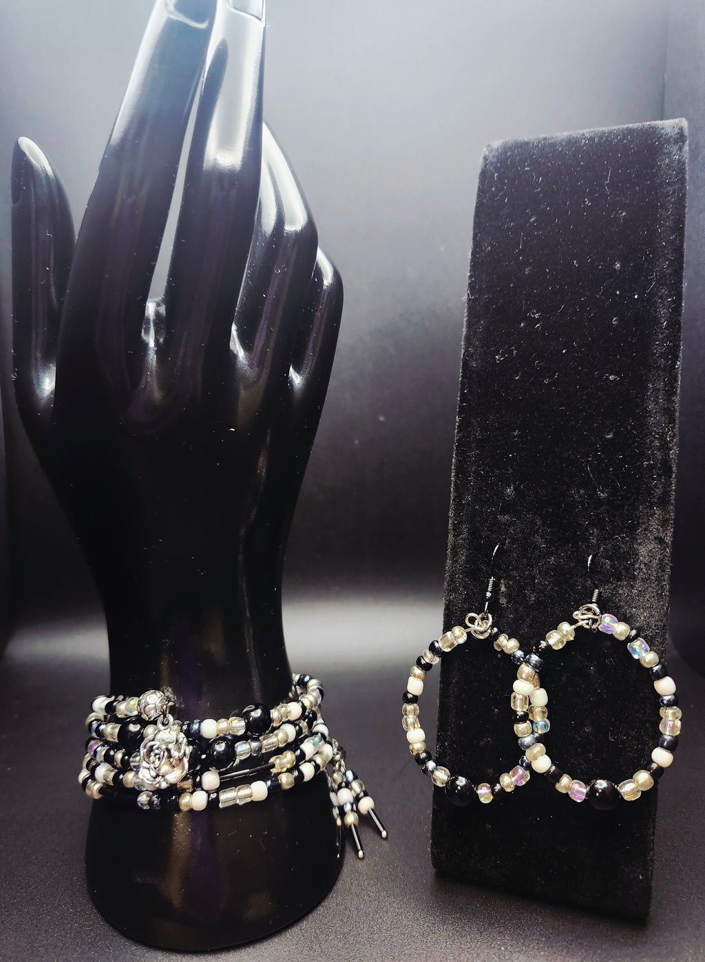 Grace in Contrast – Black, White & Silver Rose Wrap Bracelet Set