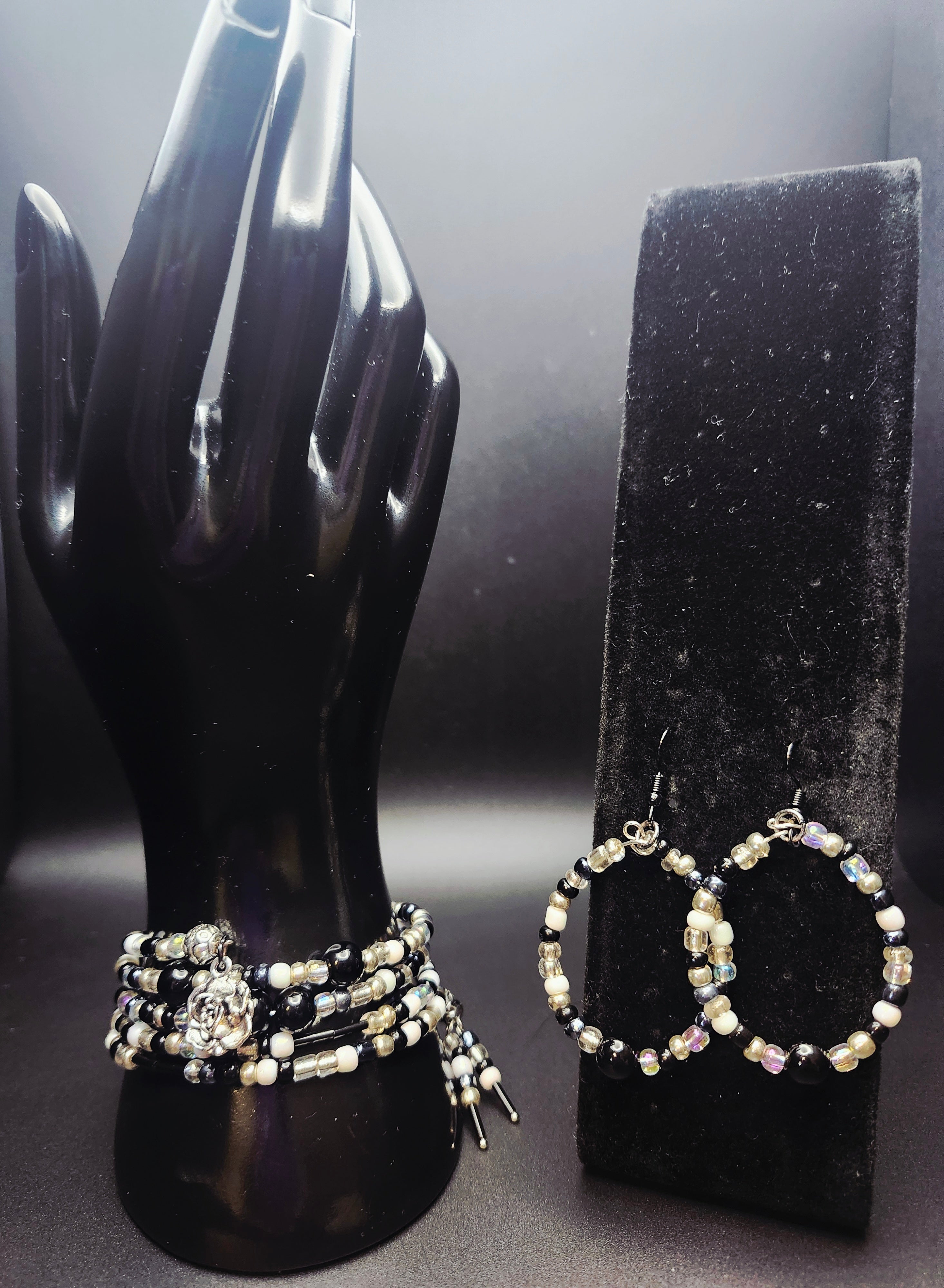 Grace in Contrast – Black, White & Silver Rose Wrap Bracelet Set