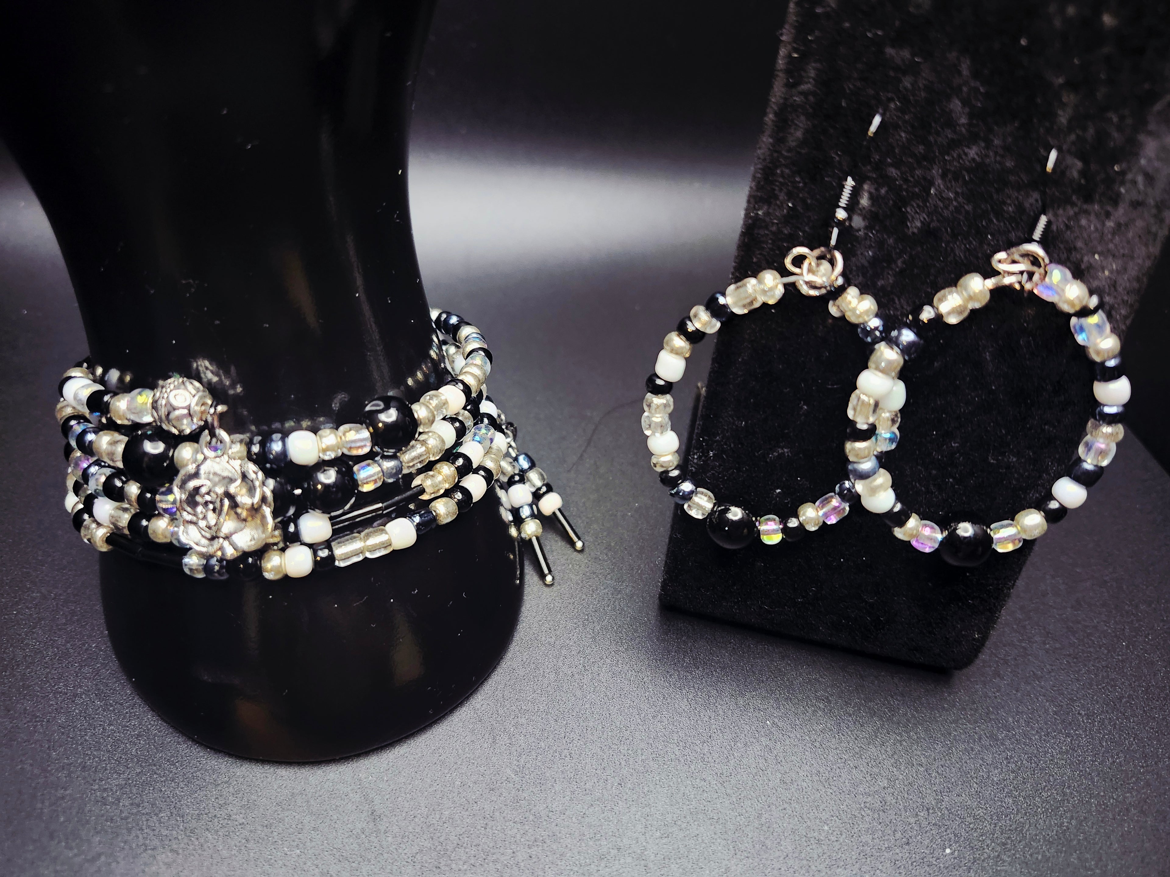Grace in Contrast – Black, White & Silver Rose Wrap Bracelet Set