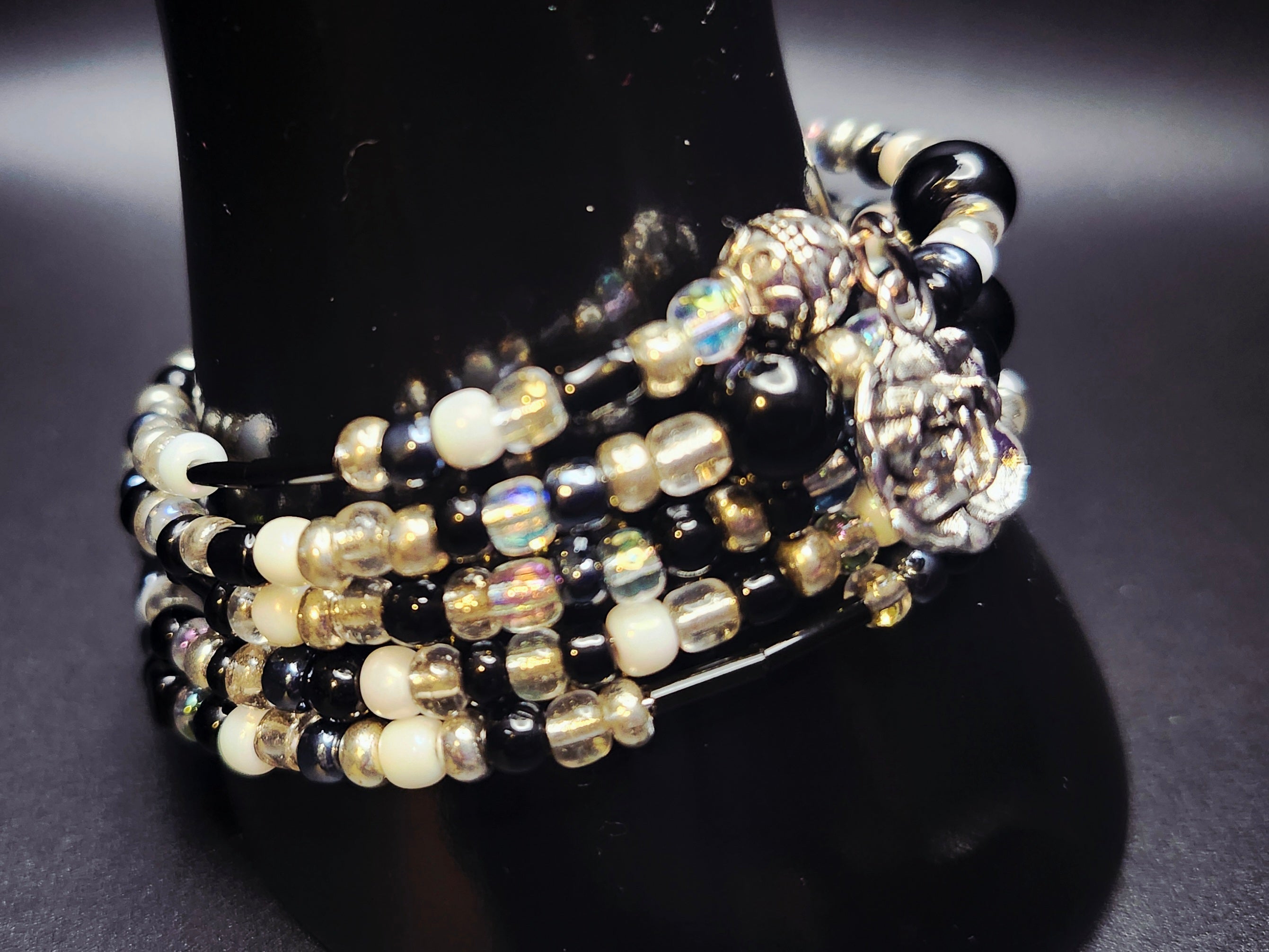 Grace in Contrast – Black, White & Silver Rose Wrap Bracelet Set