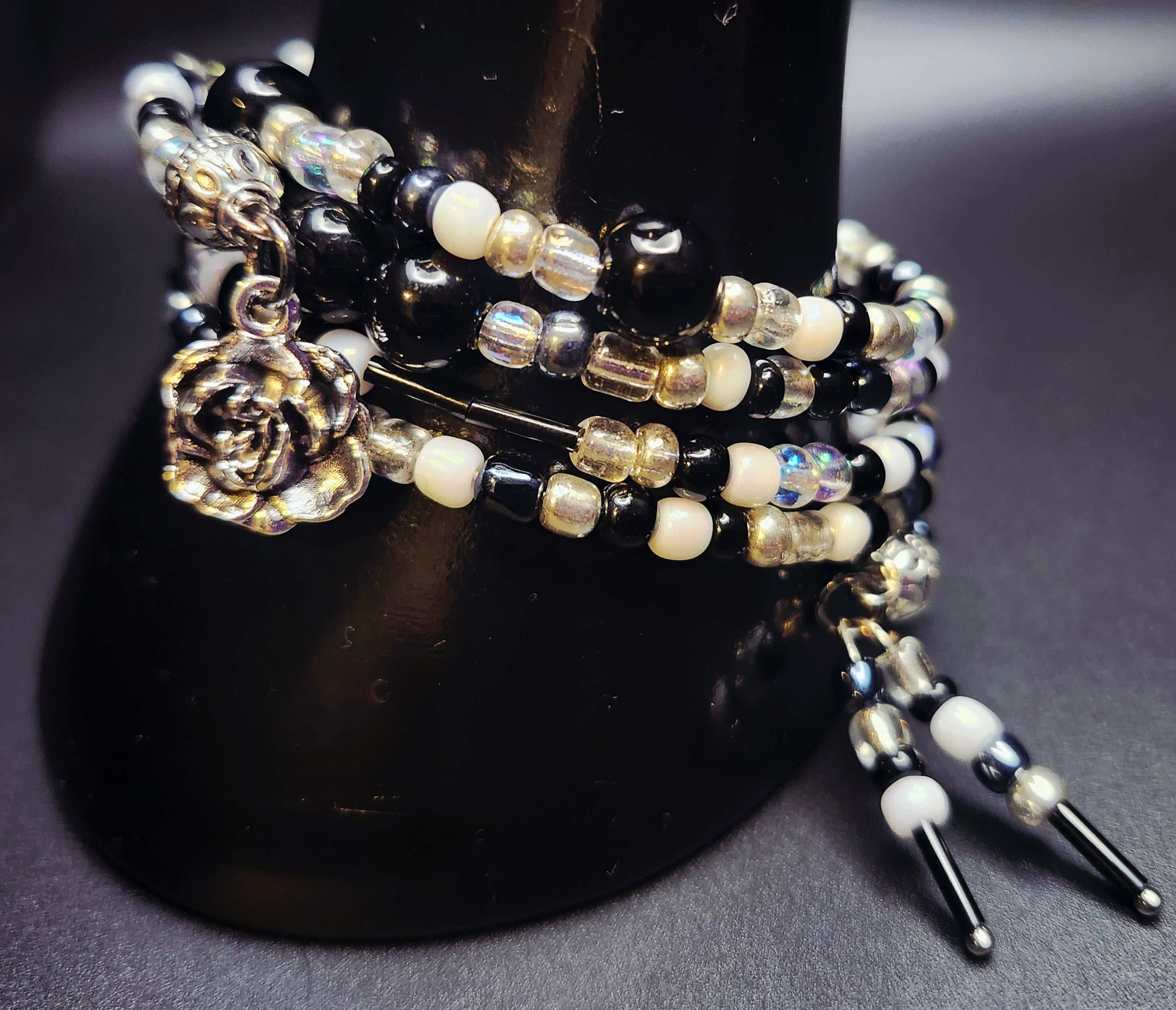Grace in Contrast – Black, White & Silver Rose Wrap Bracelet Set