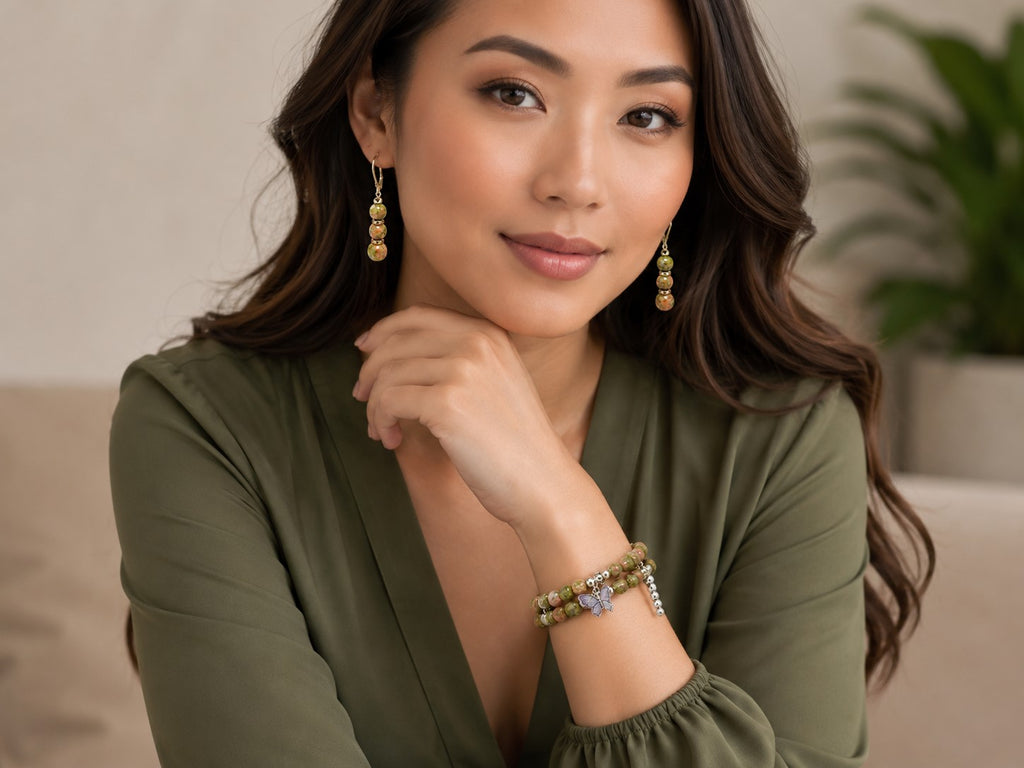 Beautifully Becoming – Unakite Wrap Bracelet & Earrings Set