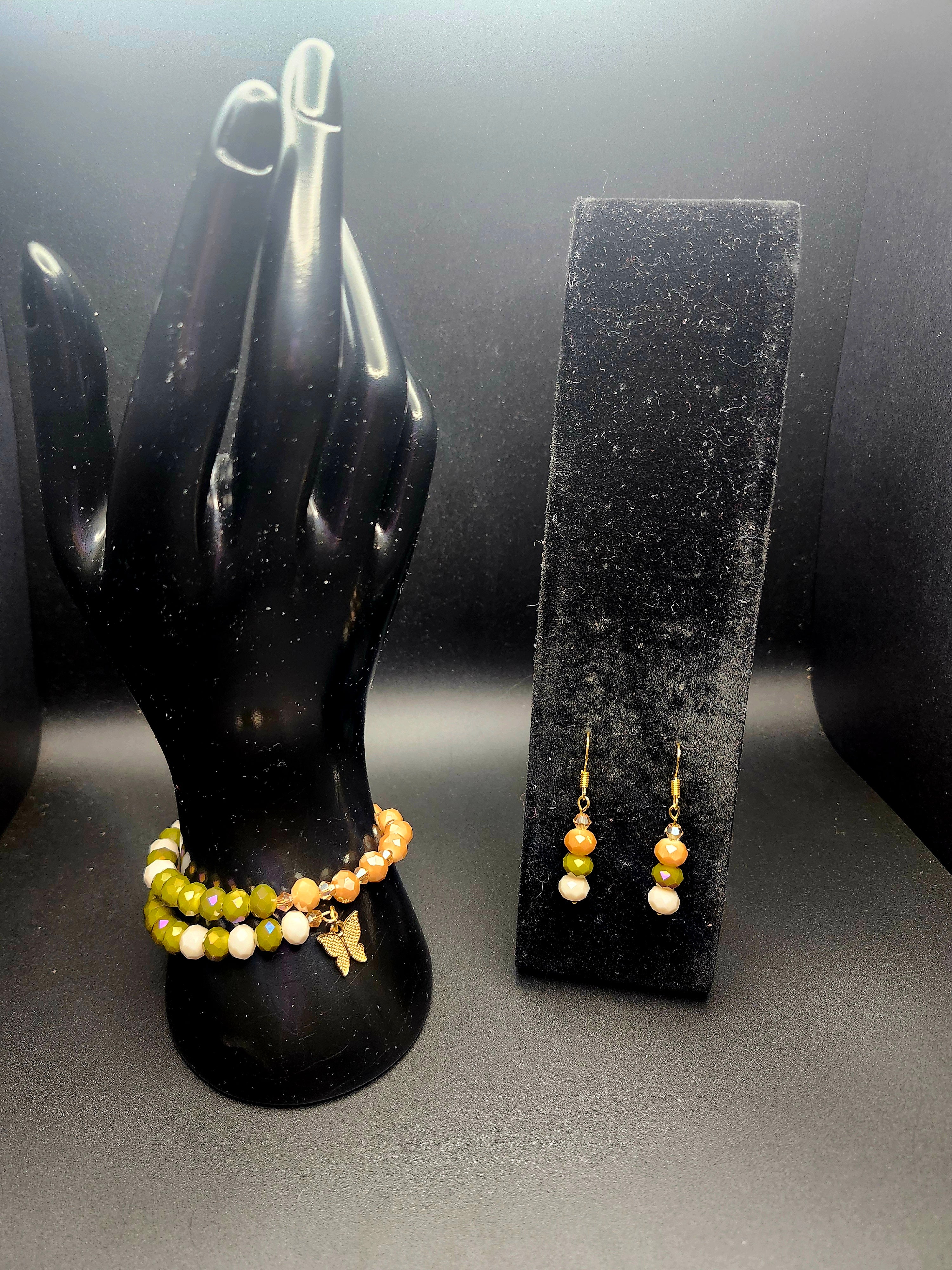 Bloom in Your Becoming – Green, Ivory & Gold Wrap Bracelet  & Earring Set