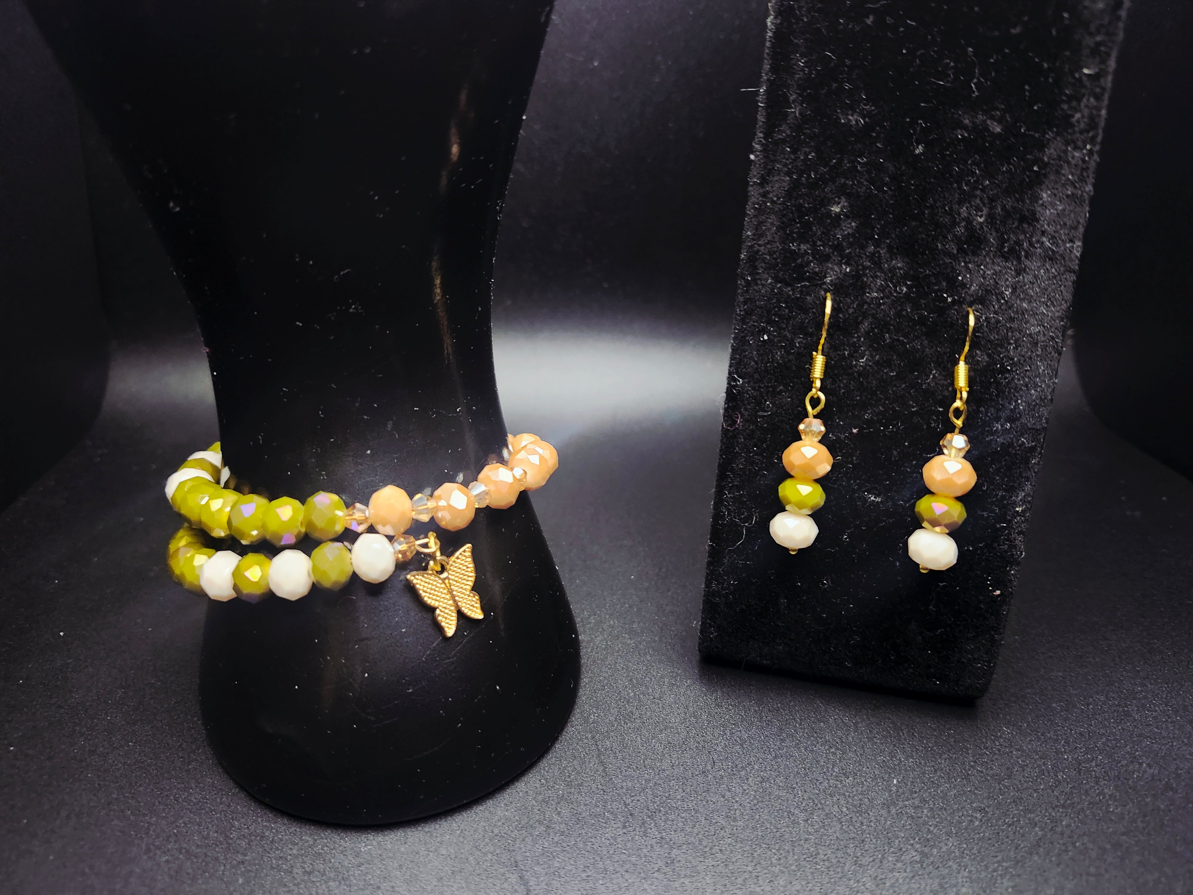 Bloom in Your Becoming – Green, Ivory & Gold Wrap Bracelet  & Earring Set